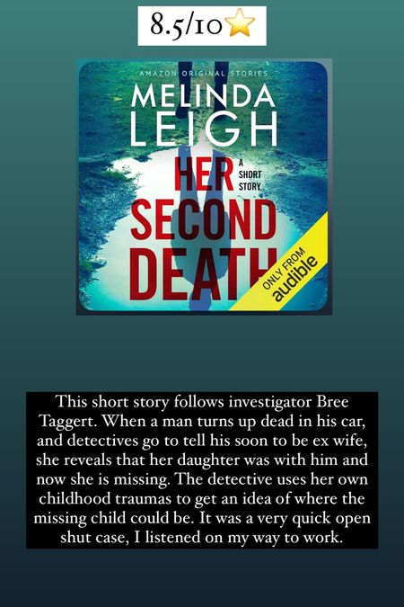 61. Her Second Death by Melinda Leigh :: 8.5/10⭐️. This short story follows investigator Bree Taggert. When a man turns up dead in his car, and detectives go to tell his soon to be ex wife, she reveals that her daughter was with him and now she is missing. The detective uses her own childhood traumas to get an idea of where the missing child could be. It was a very quick open shut case, I listened on my way to work. 


#LTKhome #LTKtravel
