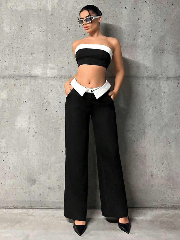 SHEIN ICON Contrast Panel Tube Top & Wide Leg Pants  | SHEIN