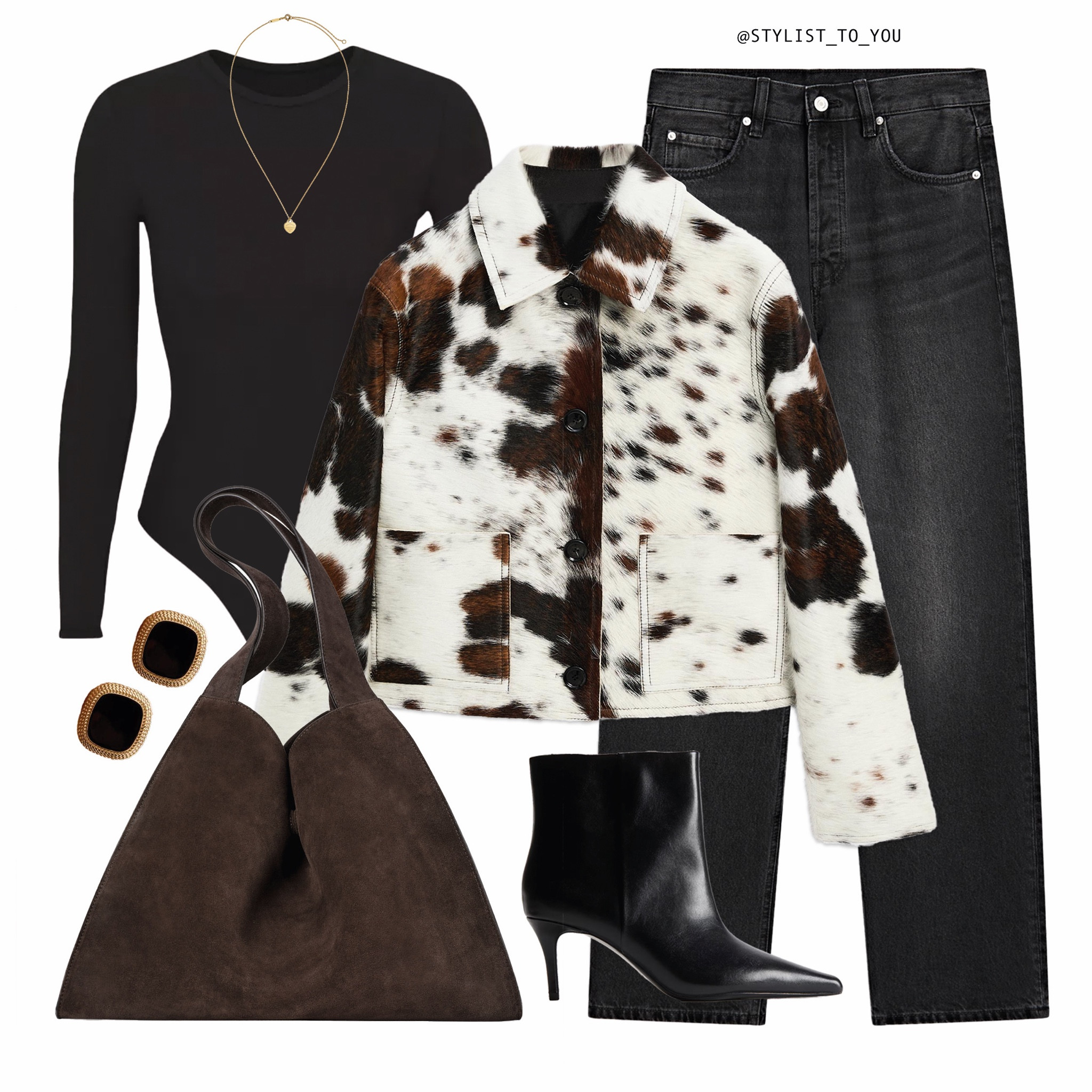 Cow print is the new leopard print 🐄

A stylish outfit flat lay featuring a statement cow-print jacket with black and brown spots. It is paired with a sleek black long-sleeve bodysuit, high-waisted washed black jeans, and chic pointed-toe black ankle boots. Accessories include a gold pendant necklace, black and gold statement earrings, and a brown suede shoulder bag. The look combines bold textures with neutral tones for a modern, on-trend aesthetic.


#LTKeurope #LTKluxury #LTKuk