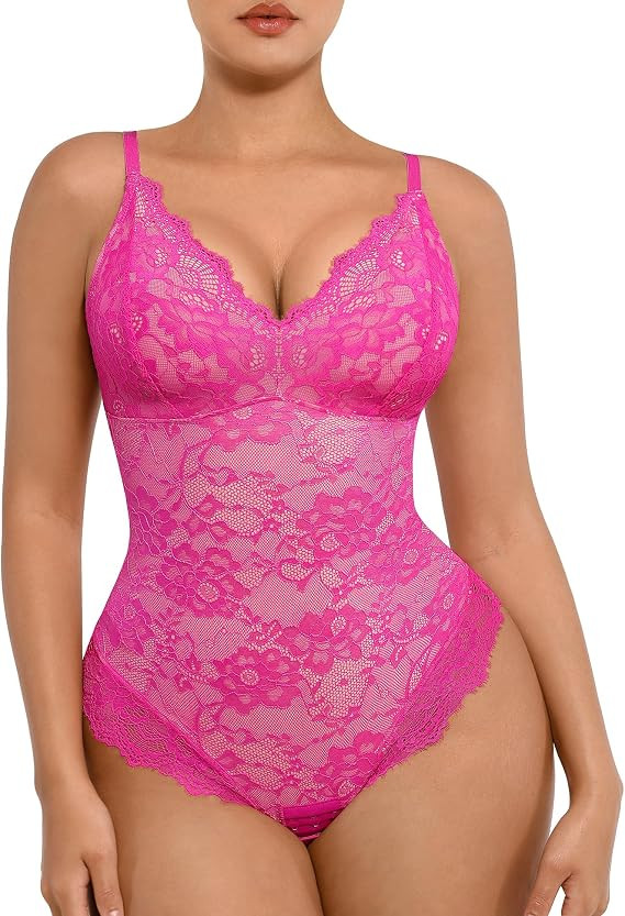FeelinGirl Lace Shapewear Bodysuit Tummy Control V-Neck Sleeveless Tank Top | Double-Layered Shap... | Amazon (US)