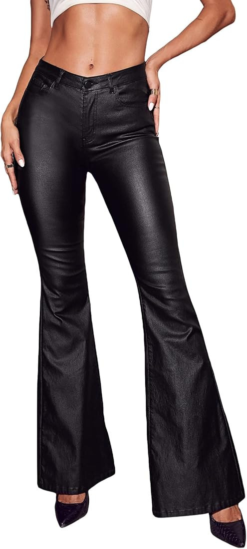 WDIRARA Women's Slant Pocket Straight Leg High Stretch Jeans Leather Look Long Pants | Amazon (US)
