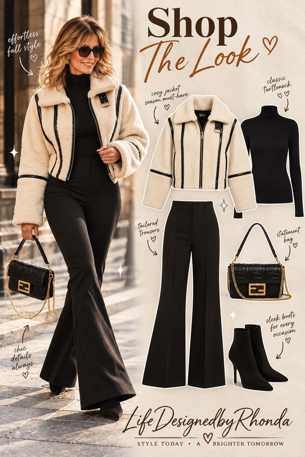 Effortless fall style — cozy shearling jacket season must-have, classic black turtleneck, tailored flare trousers & sleek boots for every occasion. 

 #LTKootd #LTKvlog #LTKU