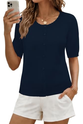 LUYAA Short Sleeve Cardigans for Women Summer Cropped Knit Sweater Womens Tops Casual Navy Blue Cardigan for Women Navy Blue M | Amazon (US)