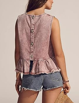 Huaqiao Womens Summer Sleeveless Denim Tops Button Back Crew Neck Jean Vest Cute Swing Ruffle Hem... | Amazon (US)