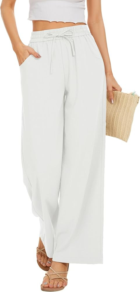 Women Flowy Pants Drawstring Waist Wide Leg Palazzo Beach Pants Loose Fit with Pockets | Amazon (US)