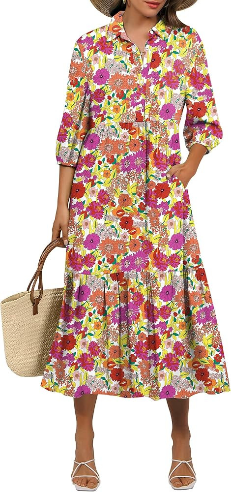ANRABESS Women Casual 3/4 Puff Sleeve Polo V Neck Floral Printed Flowy Swing Loose Summer Boho Ma... | Amazon (US)