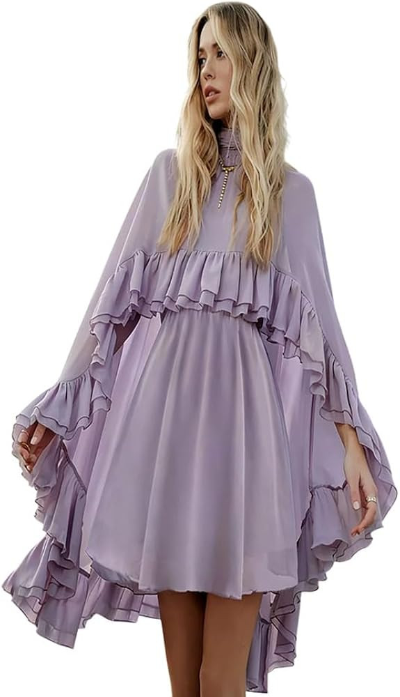 Women\u2019s Semi Sheer Chiffon Ruffle Dress with Outer Cape, Poncho Sleeve Flowy Mini Dress, Loo... | Amazon (US)