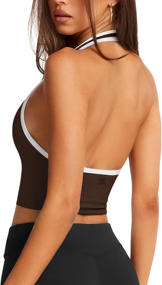 Halter Workout Top for Women: Open Back Sports Bra Color Block Tops with Built in Bra Yoga Gym Cr... | Amazon (US)