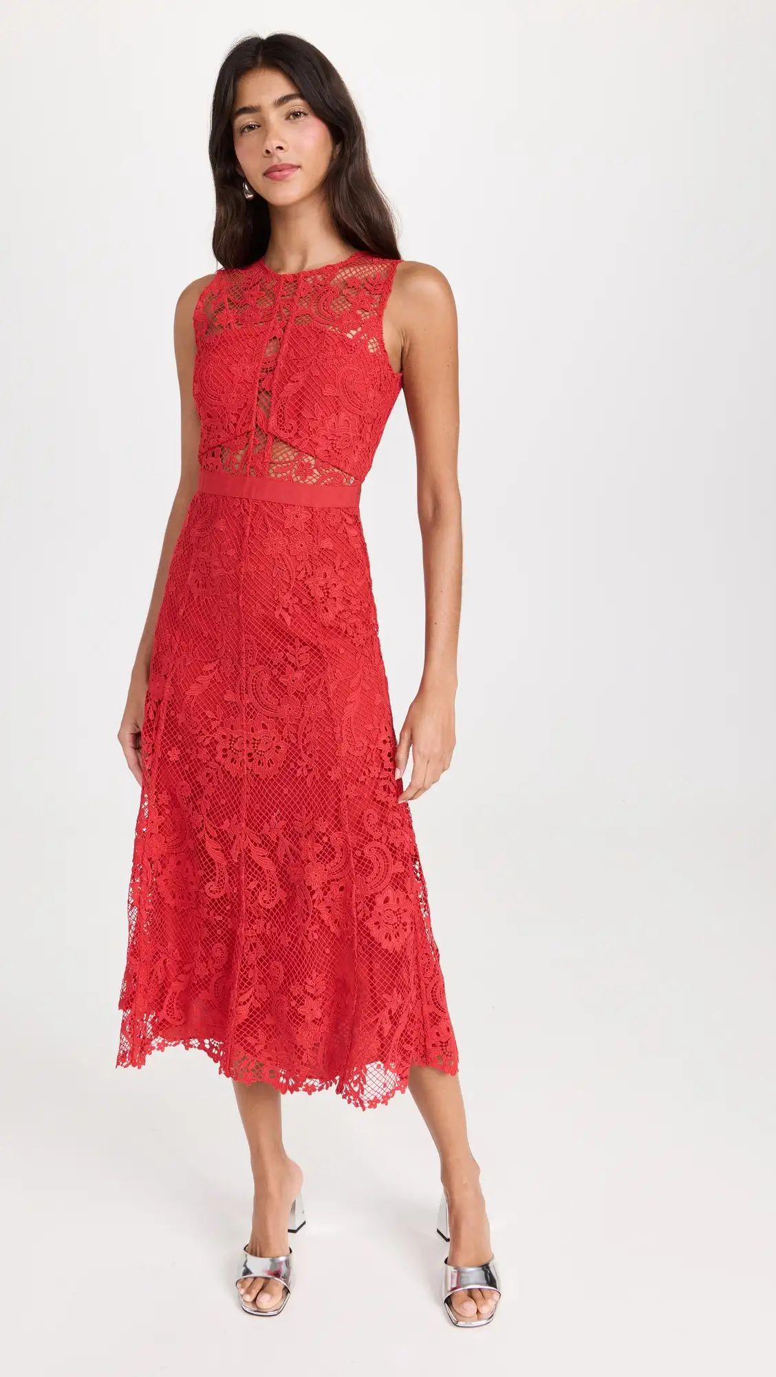 Self Portrait Red Lace Midi Dress | Shopbop | Shopbop