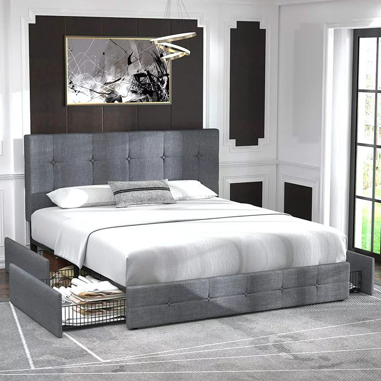 Allewie Light Grey Queen Platform Bed Frame with 4 Drawers Storage and Square Stitched Button Tuf... | Walmart (US)