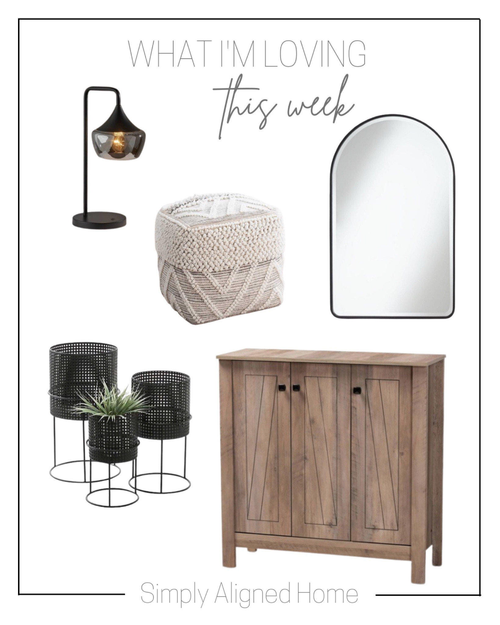 -arch top vanity wall mirror modern matte black metal frame—wood 3 door  shoe cabinet oak—table lamp black—black metal basket weave planters—neutral hand knotted pouf 

#LTKstyletip #LTKhome #LTKfamily