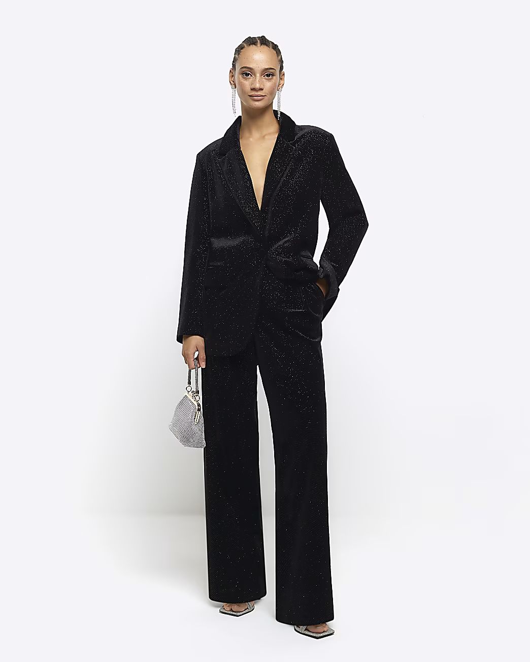 Black velvet sparkle slim trousers | River Island (UK & IE)