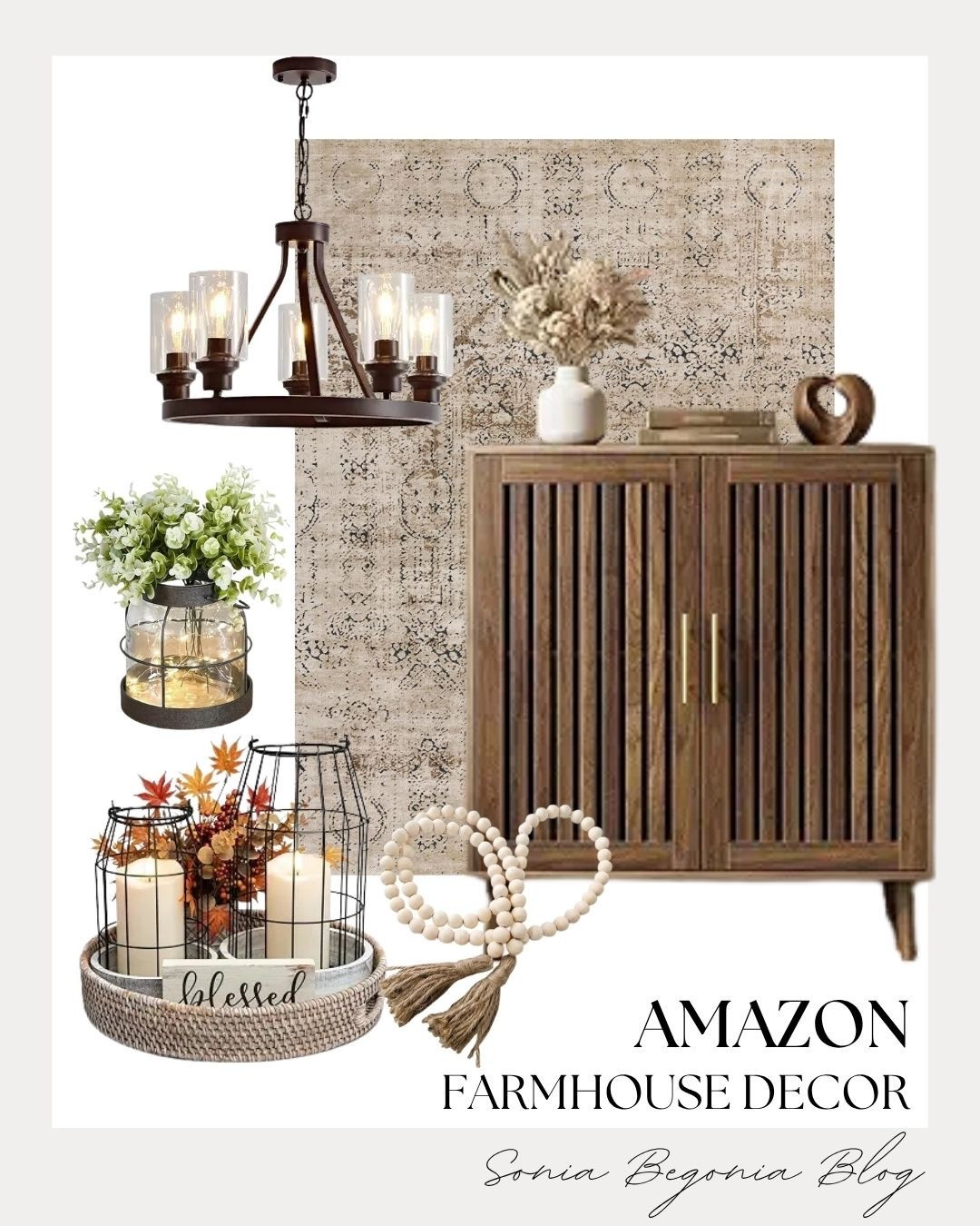 Bring cozy, warm rustic charm into your home! 🌾

This Amazon farmhouse set features a textured wooden cabinet, vintage-inspired chandelier, patterned rug, and decorative accents like wooden beads and lantern greens. 🕯️🤍

#AmazonHome #FarmhouseDecor #LTKhome #CozyHome #HomeStyling #RusticDecor

#LTKHome