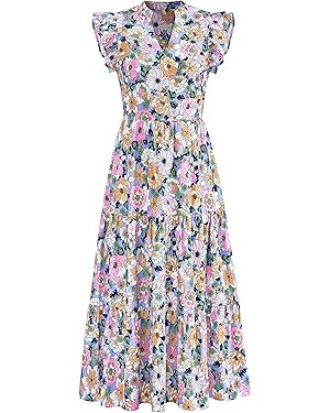 PRETTYGARDEN Women's 2025 Summer Floral Midi Dress Cap Sleeve V Neck Ruffle Long Flowy Boho Casua... | Amazon (US)