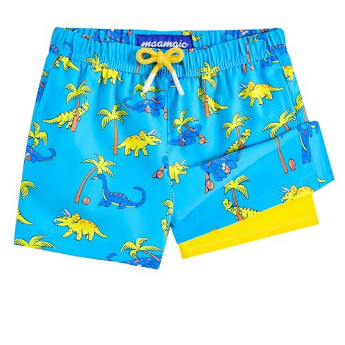 maamgic Boys Swim Trunks with Compression Liner Quick Dry Swim Shorts Anti-Chafe Boy Bathing Suit with Boxer Brief Toddler Swimsuit Dinosaur Blue 7 | Amazon (US)