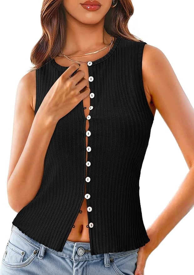 Tankaneo Womens Going Out Tops Summer Cute Ribbed Tank Crop Button Up Vest Top Y2K Sexy Outfits | Amazon (US)