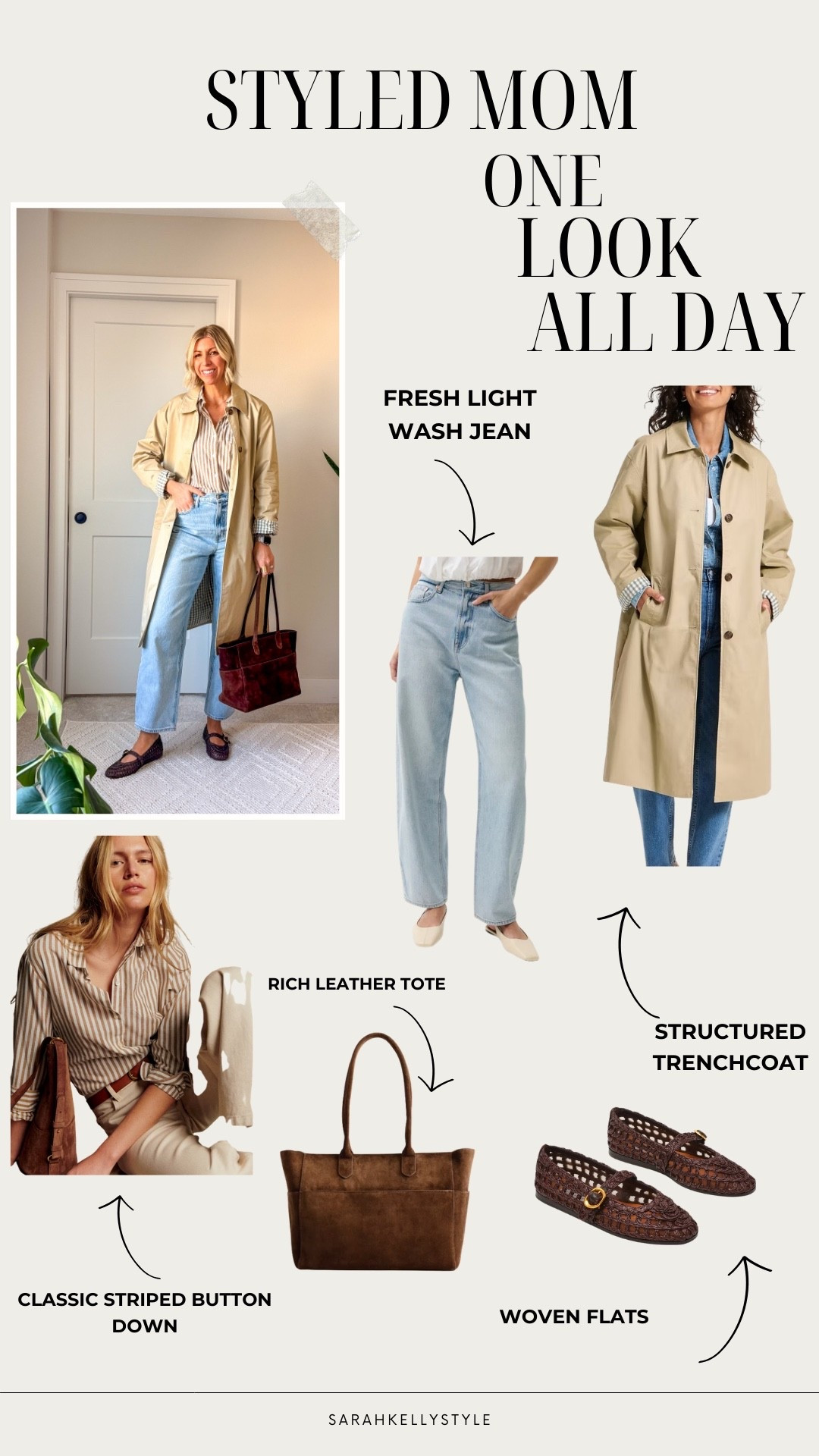 * Reel for tomorrow…
One outfit that works from school drop-off to book club 🤍
Light wash denim is my go-to spring refresh — it feels brighter and lighter, but still effortless. I elevated these casual jeans with a structured trench, a classic striped button-down, woven flats, and a rich leather tote for a polished finish.


* Jeans are the Pistola Wes barrel leg wearing my shoe to size 28. I’m 510 for height reference. Sized up to a medium in the trenchcoat for a relaxed fit. Wearing a size 40 EU and the cotton stripe button shirt. Woven ballet flats fit true to size.

#LTKOver40 #LTKSeasonal #LTKootd