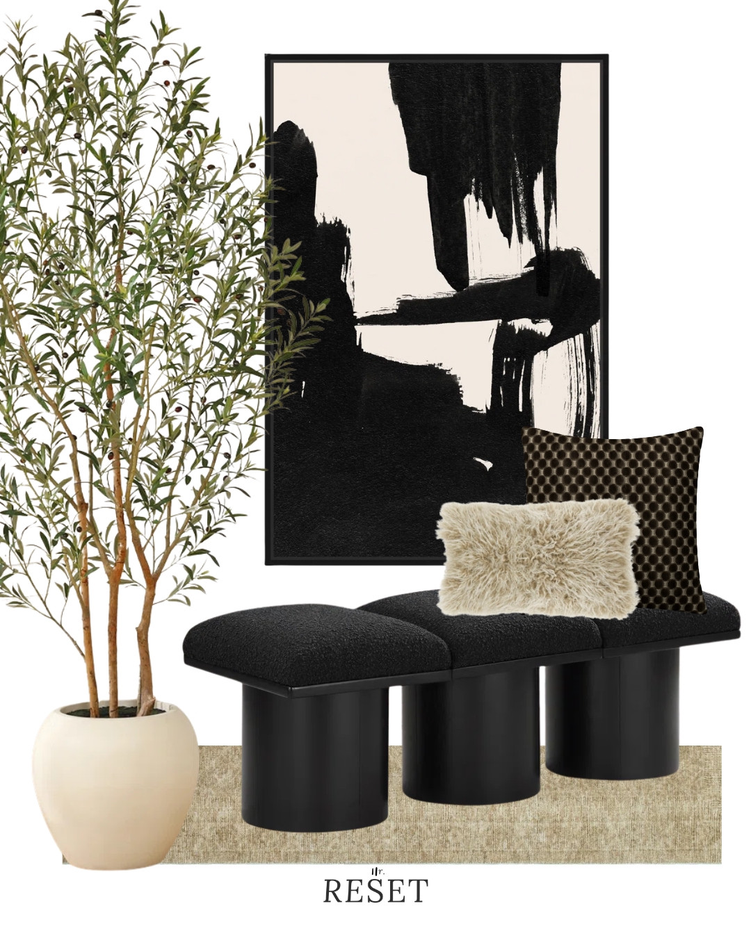 Moody modern entryway seating with a high-end, sculptural look.
Featuring a sculptural black bench, abstract black wall art, textured accent pillows, and a potted olive tree.
Ideal for modern, contemporary, or warm modern entryways and living spaces. 

 #LTKSeasonal #LTKHome