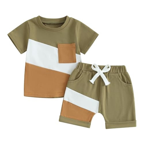 Toddler Boy Summer Clothes Color Block Shirt Drawstring Shorts Outfit 2Pcs Trendy Baby Boys Clothing Set (Color Block-Army Green, 3-4 Years) | Amazon (US)