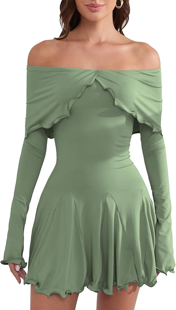 Off The Shoulder Dresses for Women Flowy Bodycon Ruffle Long Sleeve Spring Short Sexy Mini Dress | Amazon (US)
