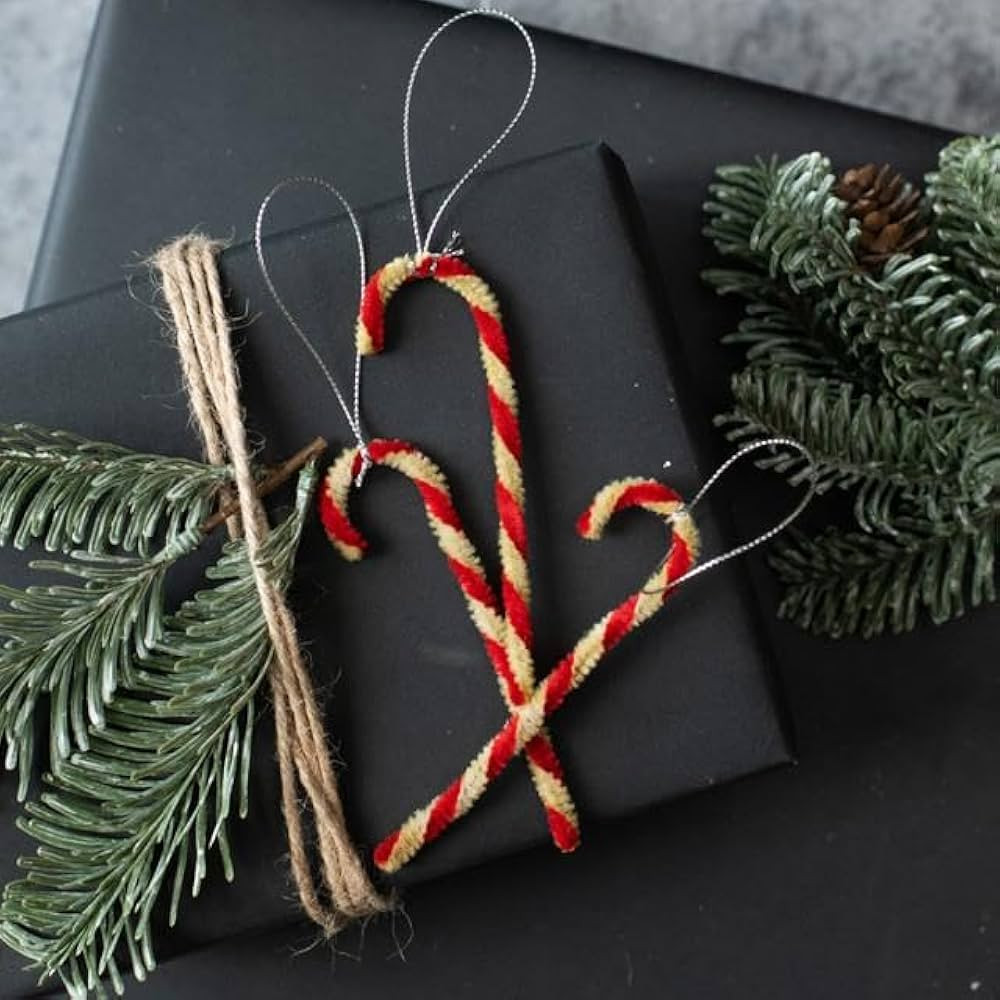 Mini Distressed Chenille Candy Cane Christmas Tree Hangers Set of 24 | Amazon (US)
