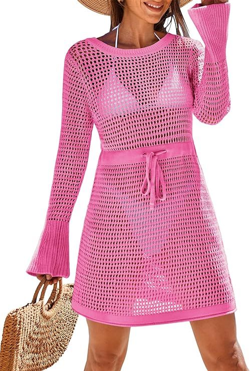 Caracilia Women’s Swimsuit Crochet Swim Cover Up Long Sleeve Knit Summer Bathing Suit Swimwear ... | Amazon (US)