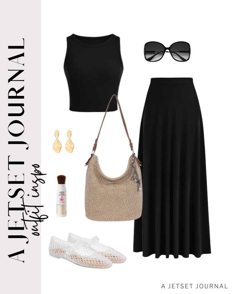 The last outfit is this black PRETTYGARDEN 2-piece set and Sam Edelman Michaela jelly flats. You can style this chic look with SOJOS oversized butterfly sunnies and The Sak Sequoia bag. Finish off with a bit of Hawaiian Tropic Mineral Powder, and you’re all set to go.	

#LTKSeasonal #LTKSaleAlert #LTKTravel
 

 