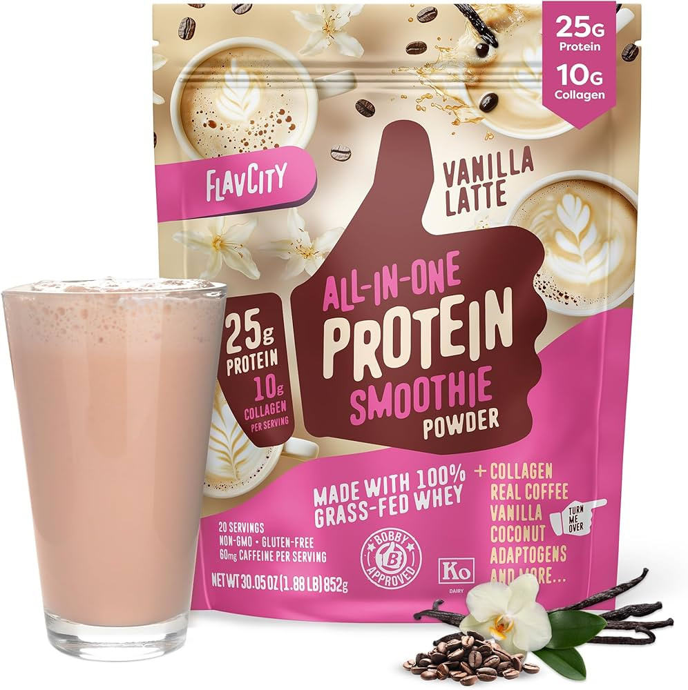 FlavCity All-In-One Protein Powder Smoothie, Vanilla Latte - Grass-Fed Whey Protein Powder with 2... | Amazon (US)
