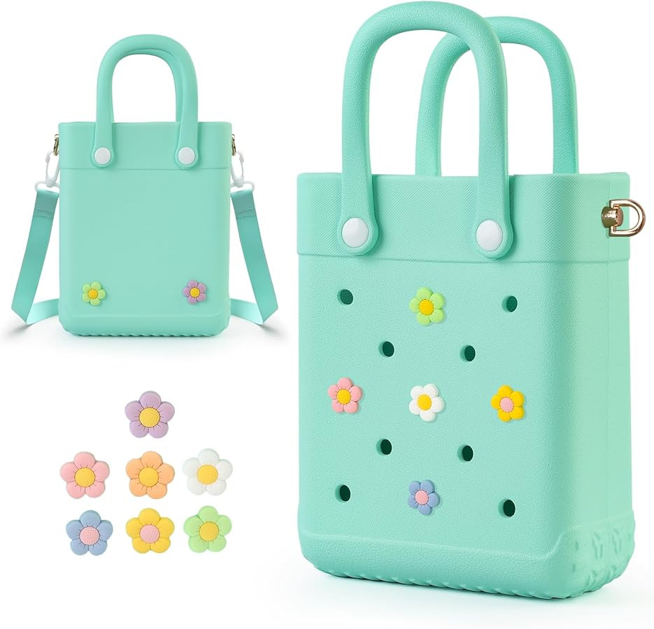 Mini Crossbody Rubber Tote Bag with 7 Charms X-Small Rubber Beach Bag for Little Girls and Woman | Amazon (US)