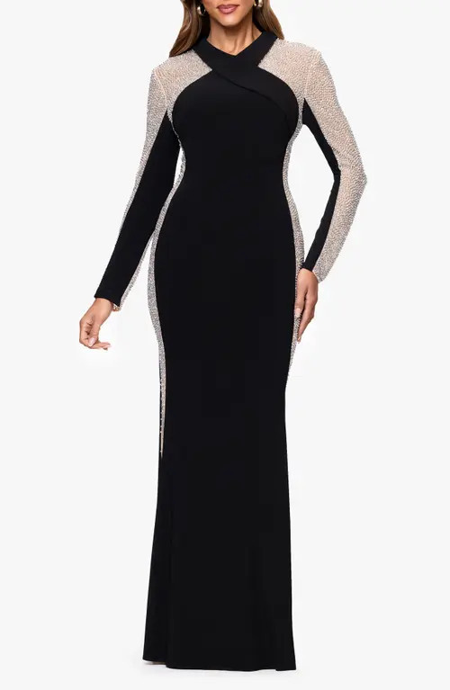 Xscape Evenings Beaded Mesh Long Sleeve Gown in Black/Beige/Silver at Nordstrom, Size 4 | Nordstrom