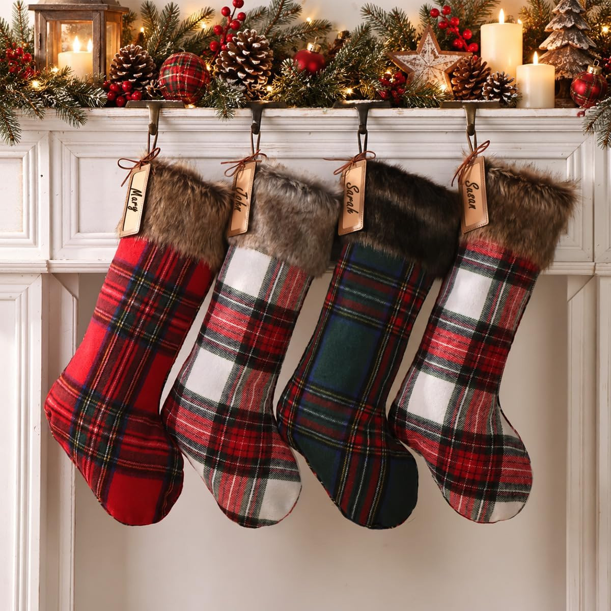 Christmas Stockings 18 Inch, 4 Pack Classic Red Green and White Tartan Plaid Personalized Stockings with Faux Fur Cuff, Rustic Vintage Fireplace Hanging Christmas Decorations for Xmas Family Holiday | Amazon (US)