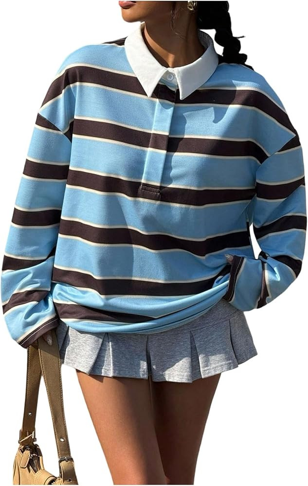 MakeMeChic Women's Y2K Streetwear Rugby Striped Shirts Fall Long Sleeve Collared Tee Tops | Amazon (US)