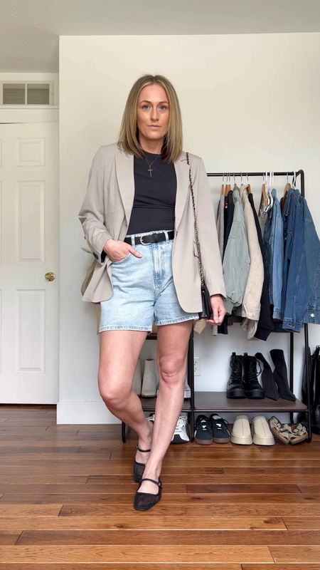 Spring outfit. Spring outfit idea. Summer outfit. Summer outfit idea. Casual outfits. Dressy casual outfit. Dressy casual outfit idea. Oversized blazer. Basic black tee. Mom denim shorts. High waisted shorts. Mesh ballet flats. Basic mom outfit. Casual outfit idea. Casual outfit. Everyday outfit. Mom outfit. 

#LTKSeasonal #LTKFindsUnder100 #LTKFindsUnder50