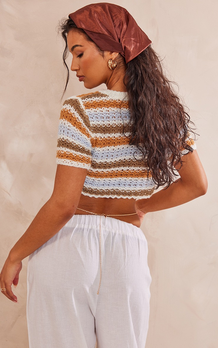 Cream Stripe Open Knit Crop Top | PrettyLittleThing US