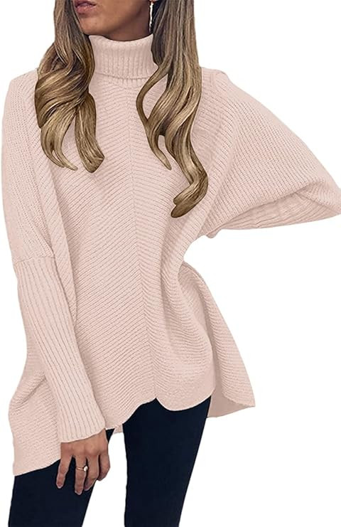 ANRABESS Womens Turtleneck Long Batwing Sleeve Asymmetric Hem Casual Pullover Sweater Knit Tops | Amazon (US)