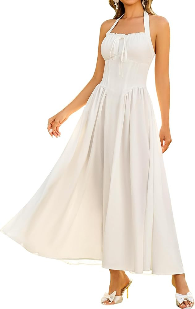 KUTUMAI Summer Floral Corset Midi Dress Halter Smocked Sundress Flowy A Line Beach Wedding Guest ... | Amazon (US)