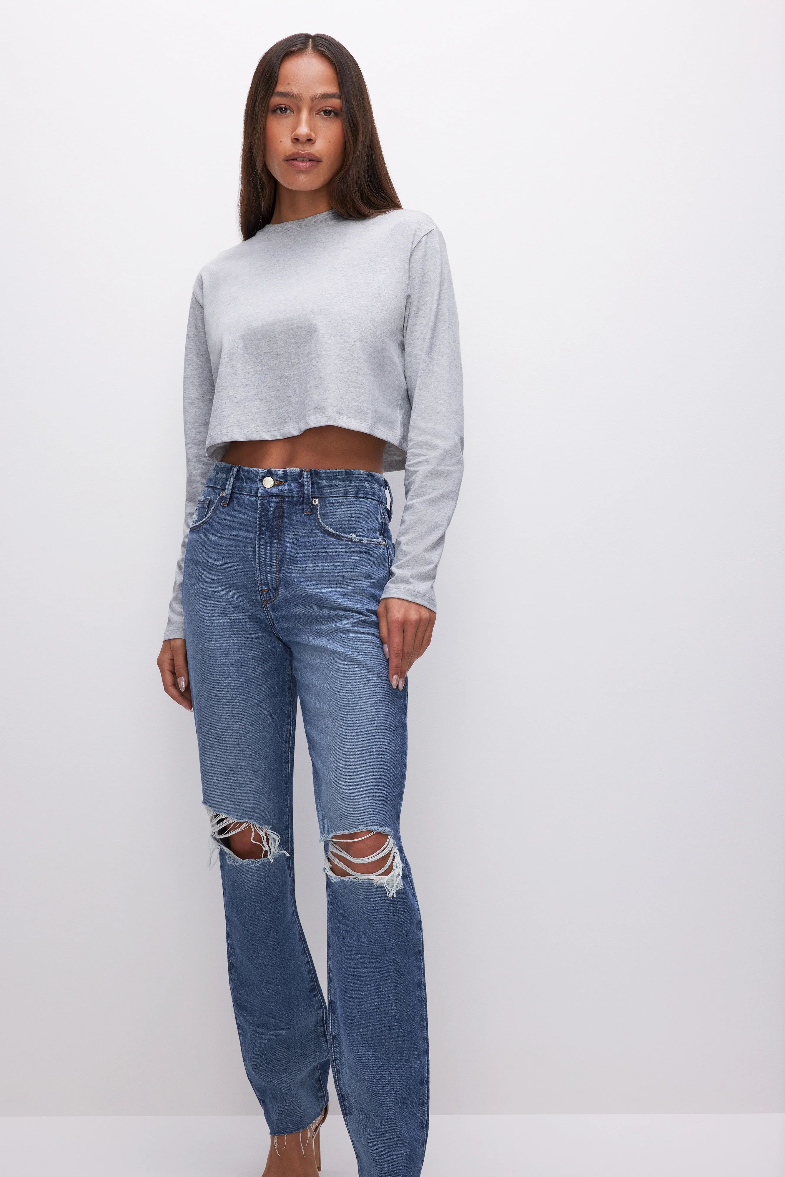 COTTON CROPPED LONG SLEEVE | HEATHER GREY001 - GOOD AMERICAN | Good American