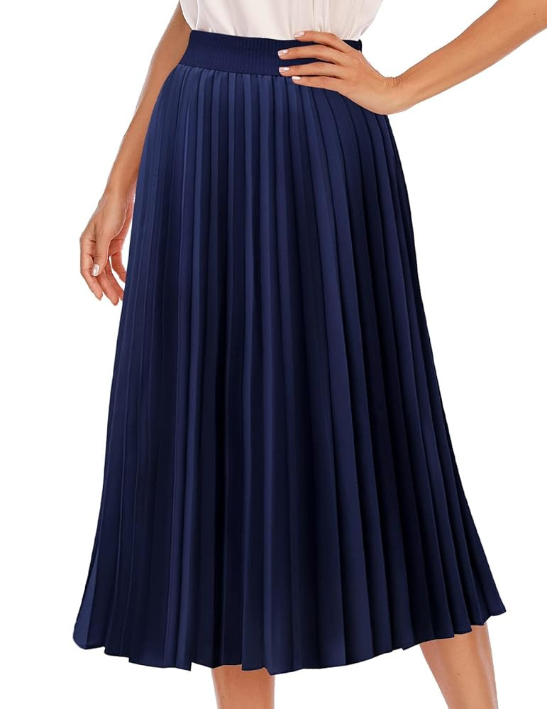 DRESSTELLS Pleated Midi Skirts for Women, Aline Long High Elastic Waisted Swing Skirt | Amazon (US)