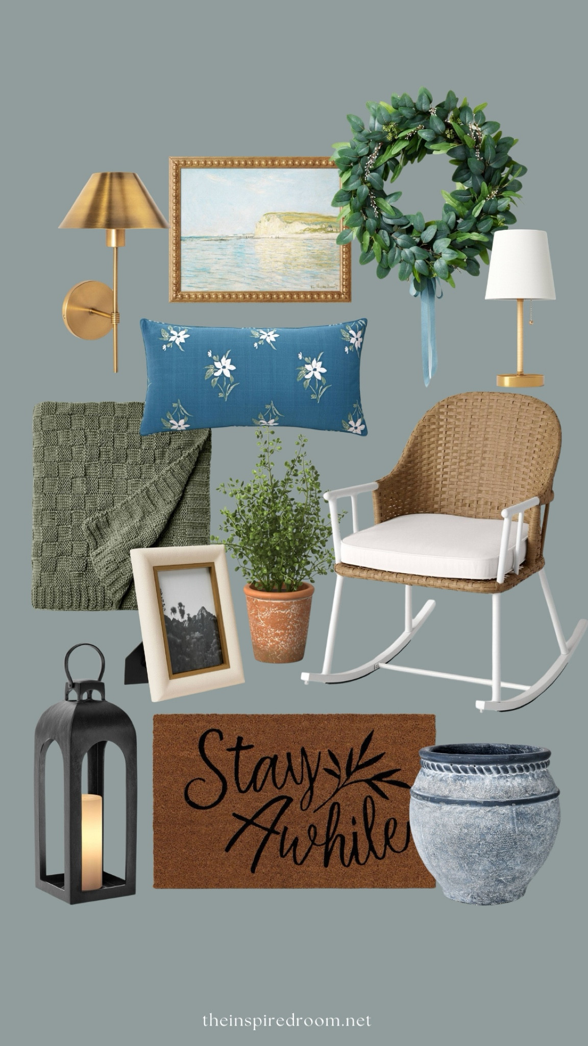 Summer decor finds at target - outdoor rocking chair, doormat, concrete planter, lantern, brass wall sconce, outdoor pillow, framed art, throw blanket, frame, wreath, rattan lamp, faux plant in Terra cotta pot

#LTKStyleTip #LTKSeasonal #LTKHome