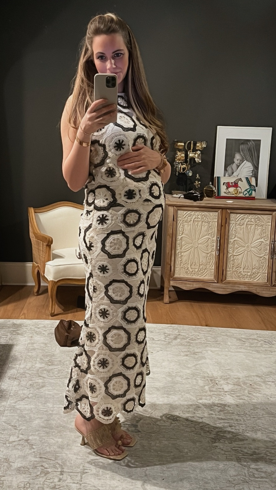 Loving this set from the Style by Simkins collab! It’s such a great, quality fabric and a precious set. The high neckline with open back is stunning and the skirt length and shape is perfection! Sized up to make it bump friendly — would be so cute for a baby moon! Perfect resort wear set for the transitional season! 