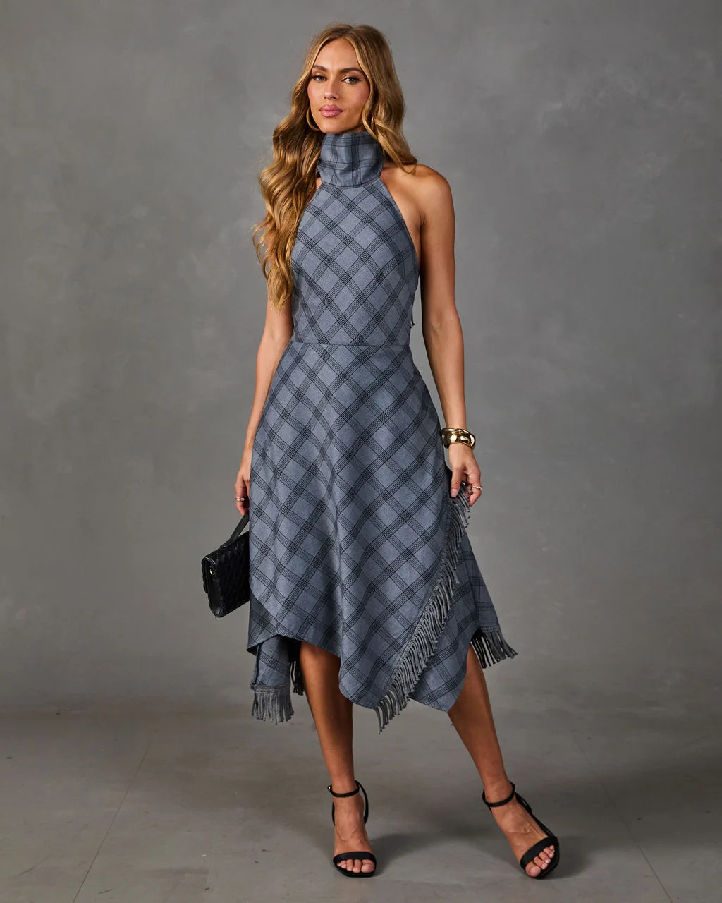 Raylan Plaid High Low Mock Neck Midi Dress Grey Multi / L | VICI