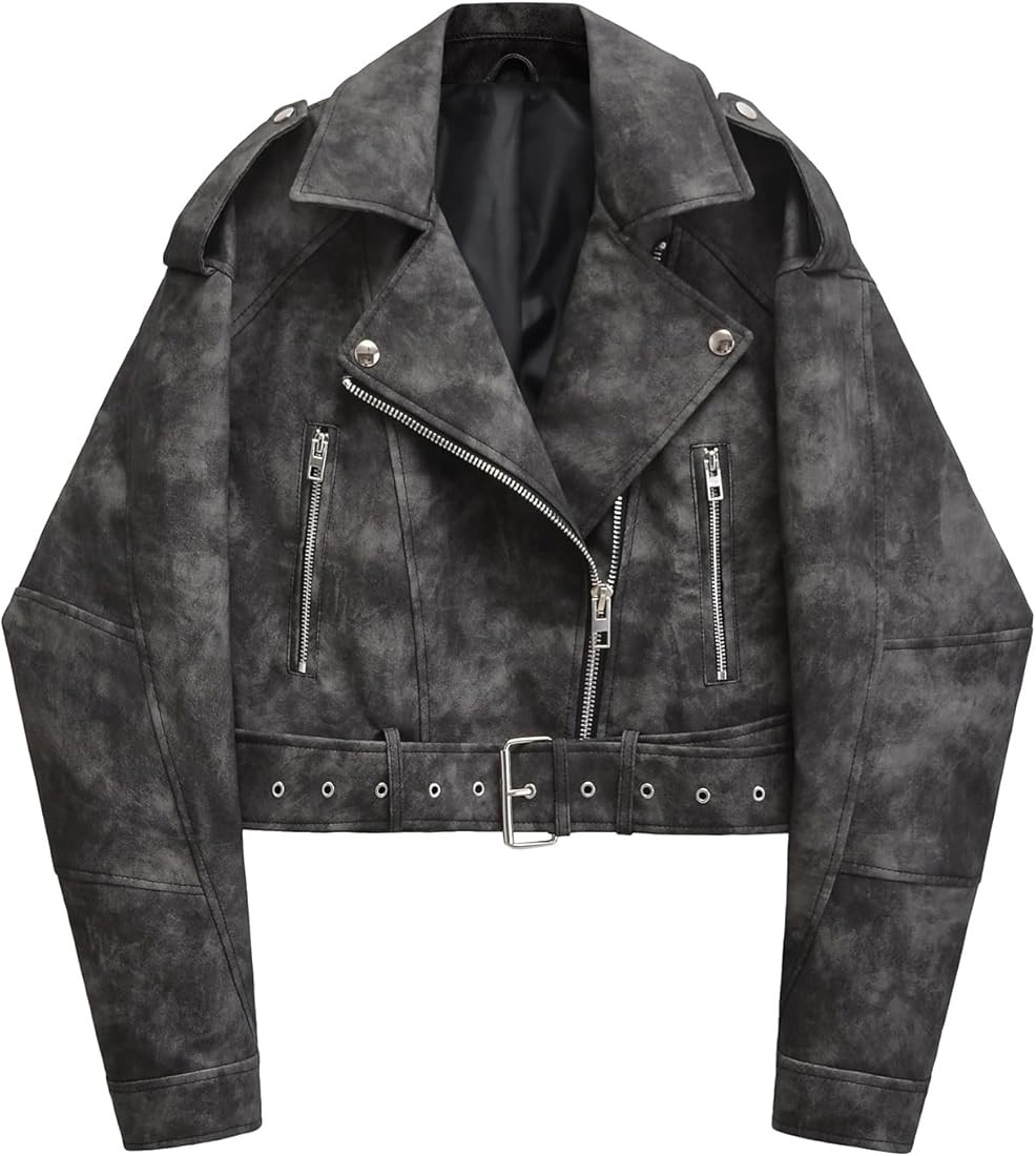 LY VAREY LIN Women Faux Leather Cropped Jacket Casual Bomber Biker Short Coat with Belt | Amazon (US)