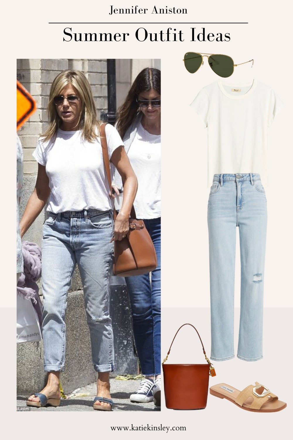 Jennifer Aniston wearing white tee with jeans, brown bucket bag and aviator sunglasses 

#LTKStyleTip