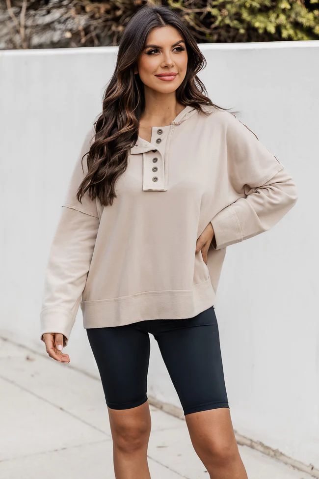 Believe In Me Taupe Henley Brushed Knit Hoodie DOORBUSTER | Pink Lily