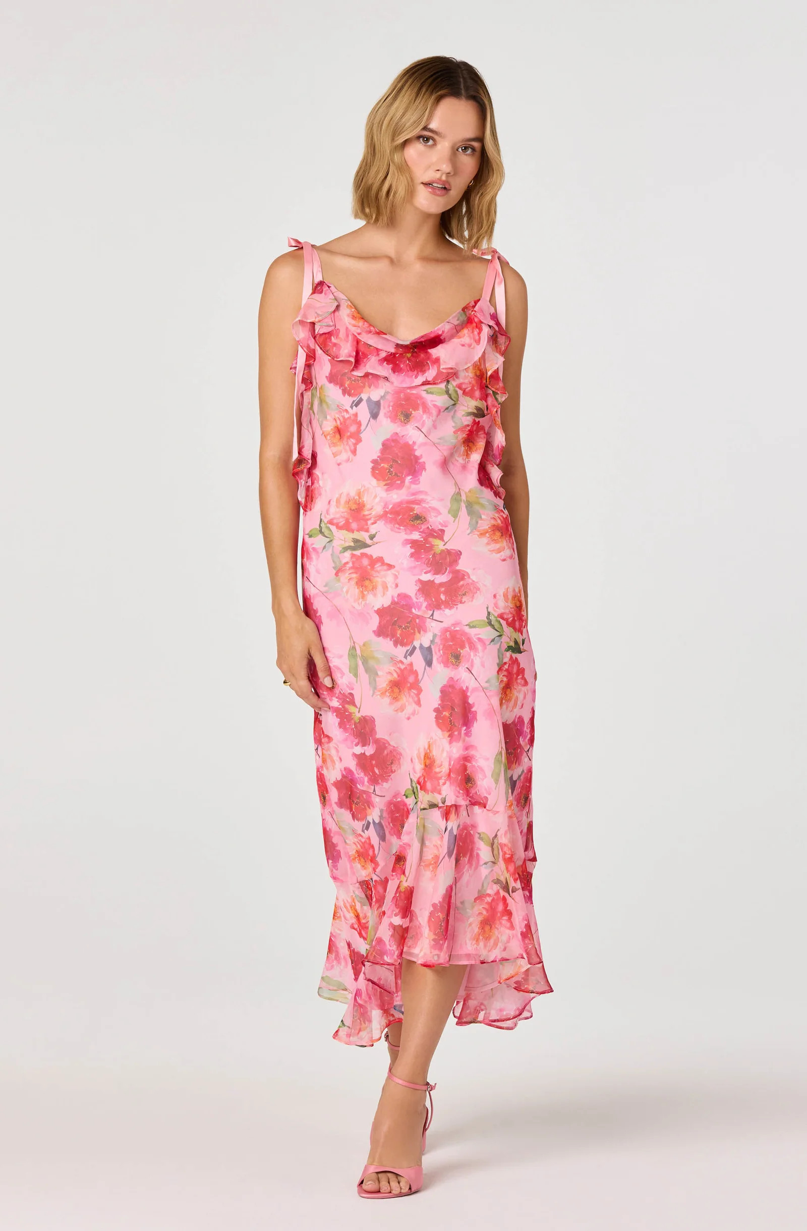 Nissa Floral Ruffle Midi Dress - Pink floral / M | ASTR The Label (US)