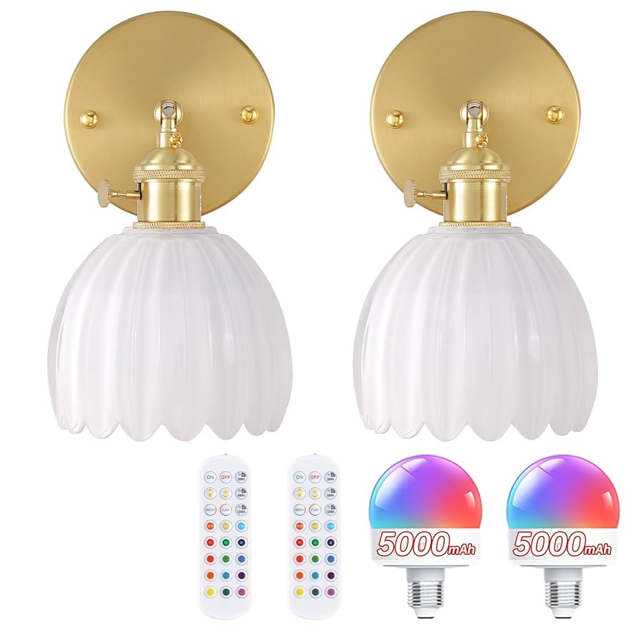 Vintage Battery Operated Wall Sconce with White Tulip Glass Lampshade 5000 mAh Rechargeable Batte... | Amazon (US)