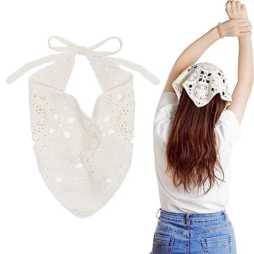 hoyuwak Crochet Bandanas Headbands Head Scarf Hair Scarf for Women Girls Knitted Floral Hair Accessories for Hair Styling Festival Holiday Christmas Decor(White) | Amazon (US)