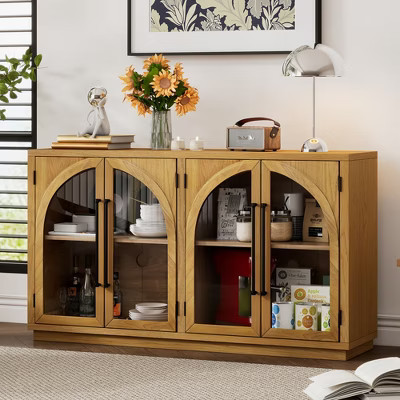 Arched Sideboard Buffet Cabinet with storage, Kitchen Storage Cabinet with Glass Doors and Shelves, Natural Wood | Target
