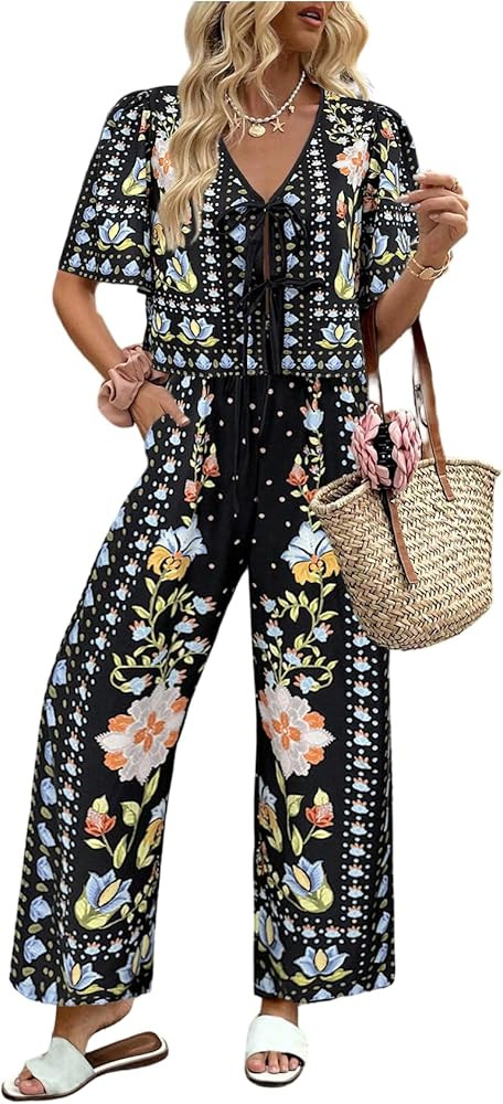 WDIRARA Women's Boho Floral 2 Piece Palazzo Pants Set Short Sleeve Tie Front Blouse Wide Leg Pant... | Amazon (US)