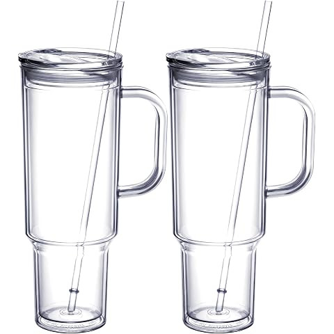 33oz Glass Tumbler with Lid and Straw, 4 Pack Glass Cup with Handle, Iced Coffee Cups, Thick Drin... | Amazon (US)